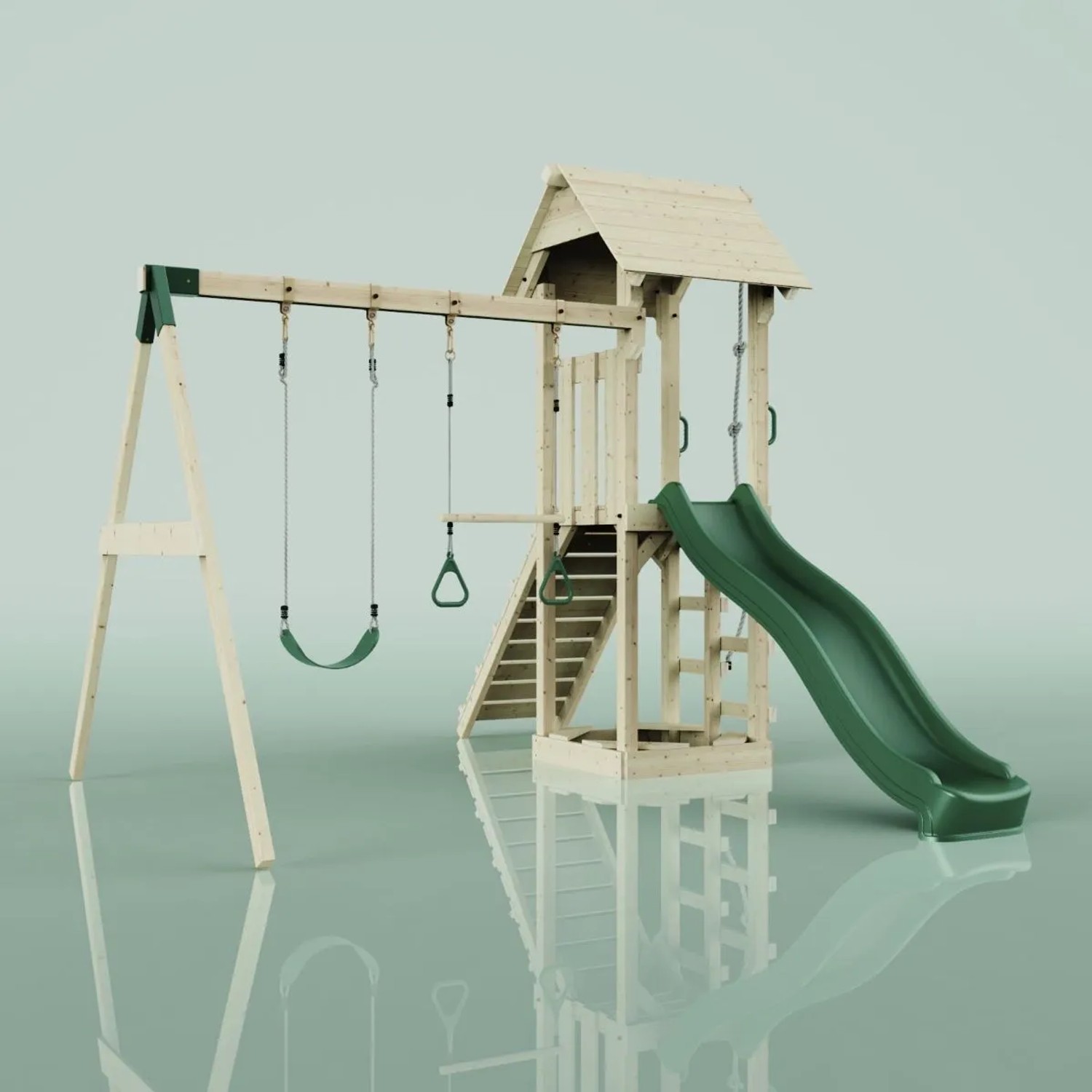 PolarPlay Spielturm Vimmerby mit Schaukel, Trapezstange und grüner Rutsche.