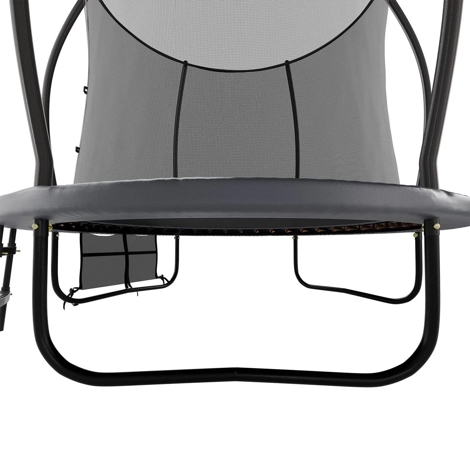 Detailaufnahme Juskys Trampolin SkyBounce S, schwarz/anthrazit, mit Sicherheitsnetz und Stahlrahmen.