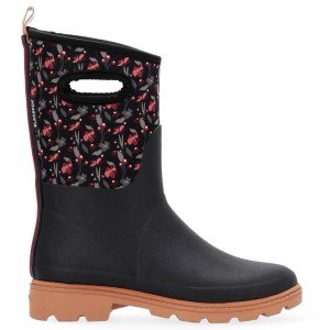 Schwarze Blackfox Soane Gartenstiefel, halbhoch, mit floralem Muster, rotem Streifen und brauner Profilsohle.