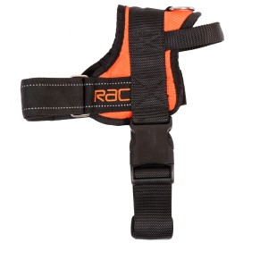 Schwarzes Hunde-Comfort-Geschirr Gr. S von Heim RAC mit orangefarbener Polsterung und reflektierenden Nähten.
