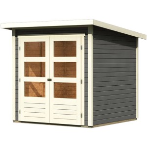 Terragraues Karibu Holz-Gartenhaus Sitten mit Pultdach und Doppeltür.