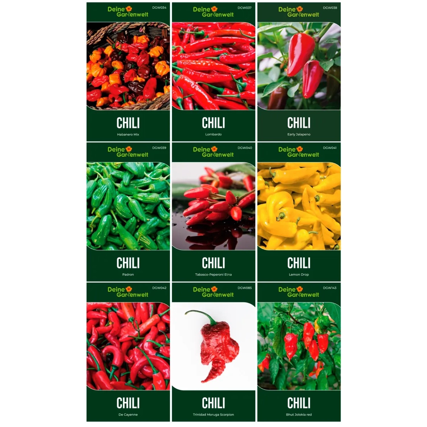 Deine Gartenwelt Chili Samen-Set mit 9 Sorten. Neun Bilder zeigen verschiedene rote, gelbe und grüne Chilis.