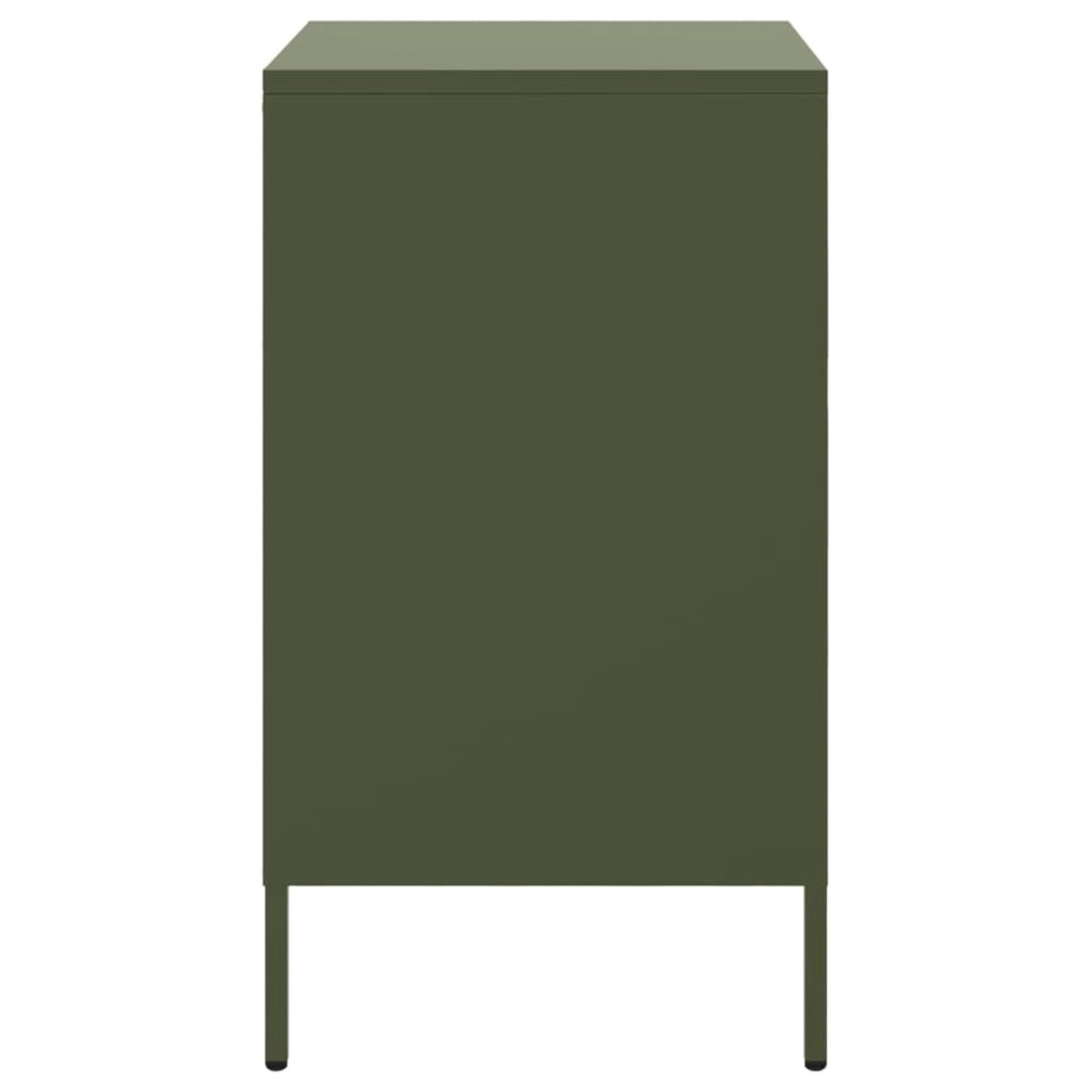 Olivgrüner Nachttisch aus Stahl mit Tür und Fächern. Stabil und modern für dein Schlafzimmer.