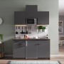 Respekta Küchenzeile KB150EYGMIC, 150 cm, Grau/Eiche York Optik mit Kühlschrank, Mikrowelle und Spüle.
