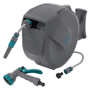 Grauer Ecd Germany Schlauchaufroller 30m mit Gartenschlauchwagen Zubehör und 180 Grad Schwenkfunktion.
