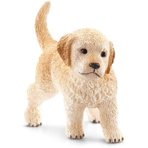 Detailgetreue Schleich Farm World Spielfigur: Golden Retriever Welpe mit honigfarbenem Fell.