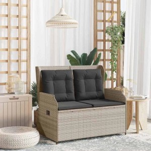 Hellgraue vidaXL Poly Rattan Gartenbank mit dunklen Kissen. Verstellbare 2-Sitzer Bank für Garten & Terrasse.
