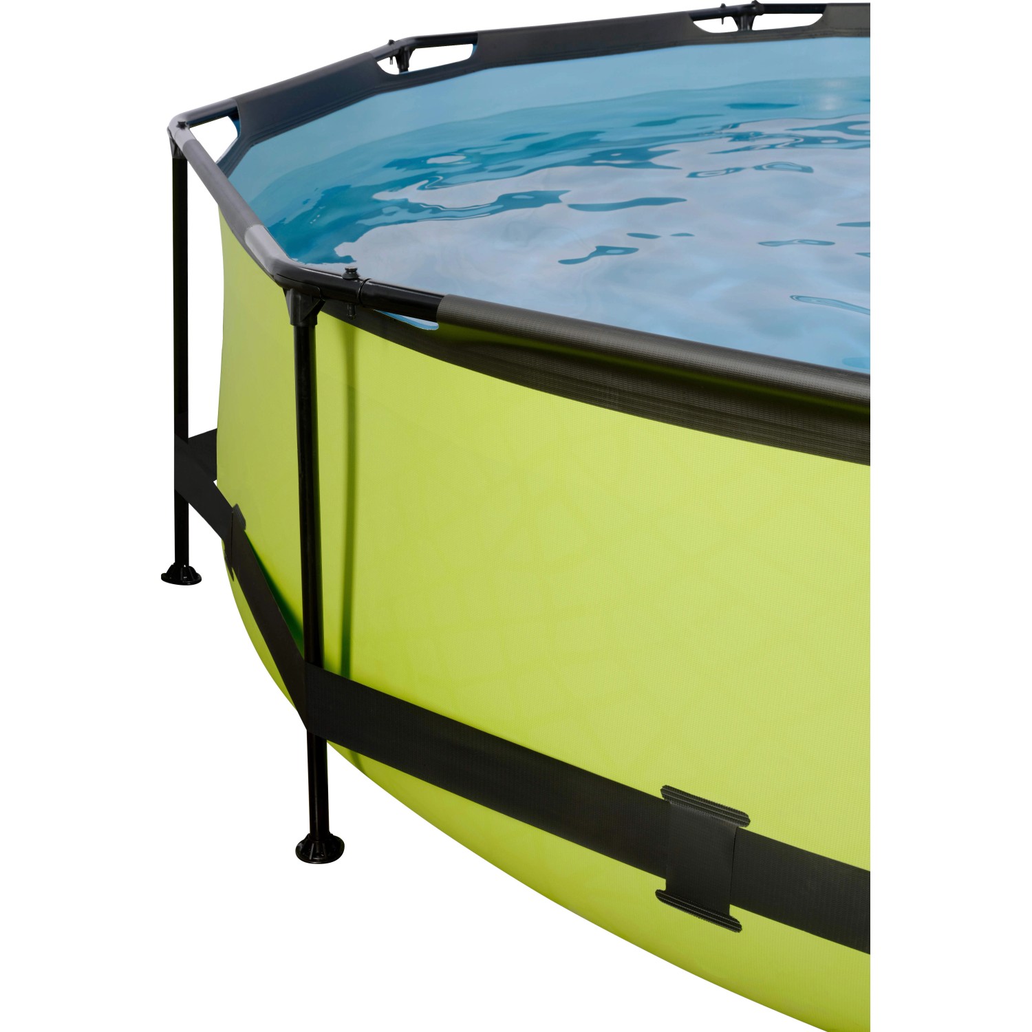Detailansicht des runden, grünen EXIT Lime Pool ø 300 cm mit Stahlrahmen und Abdeckung.
