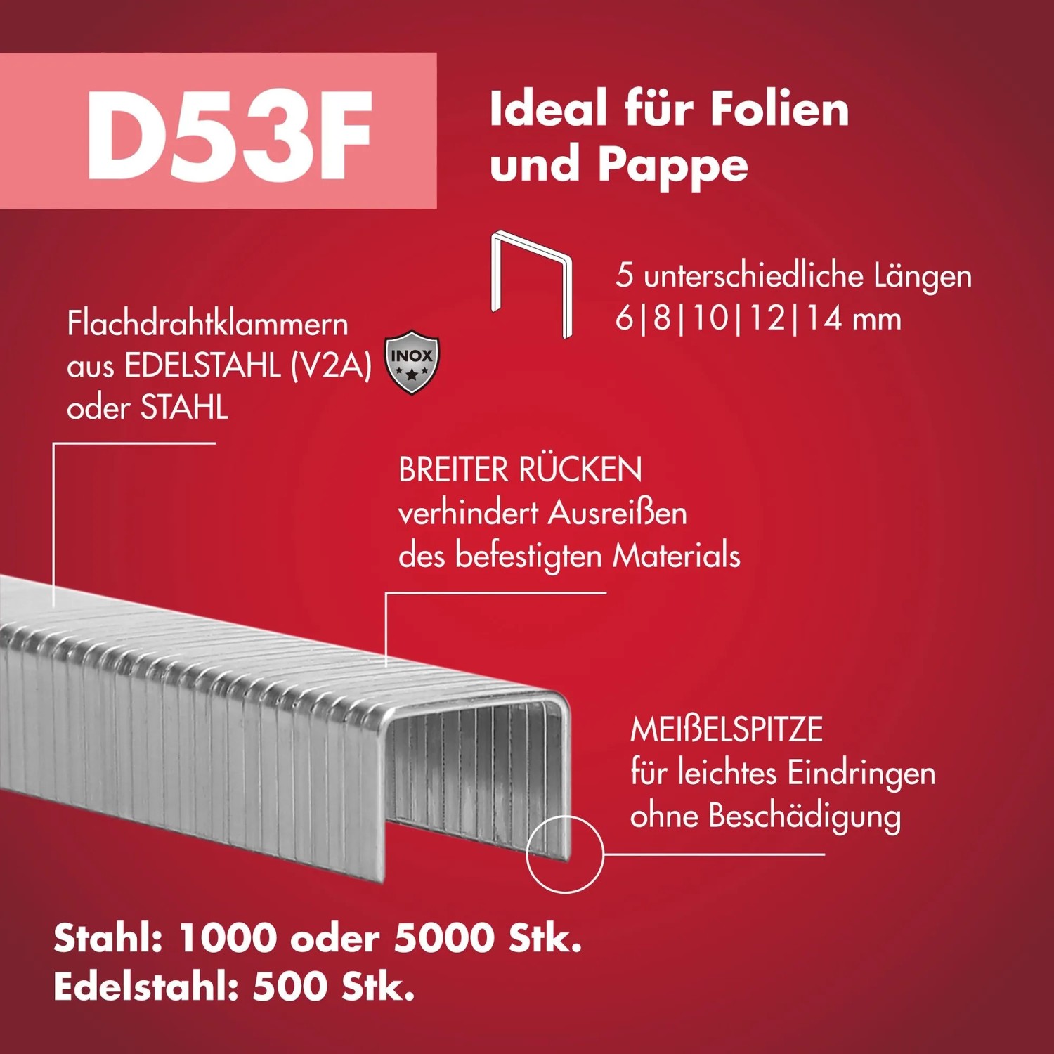 Arrow Klammern D53F V2A, 8 mm, 500 Stück. Edelstahlklammern für Folien und mehr.