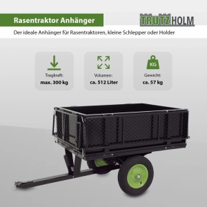 TRUTZHOLM Rasentraktor Anhänger, kippbar, mit Gitteraufsatz, 300 kg Tragkraft.