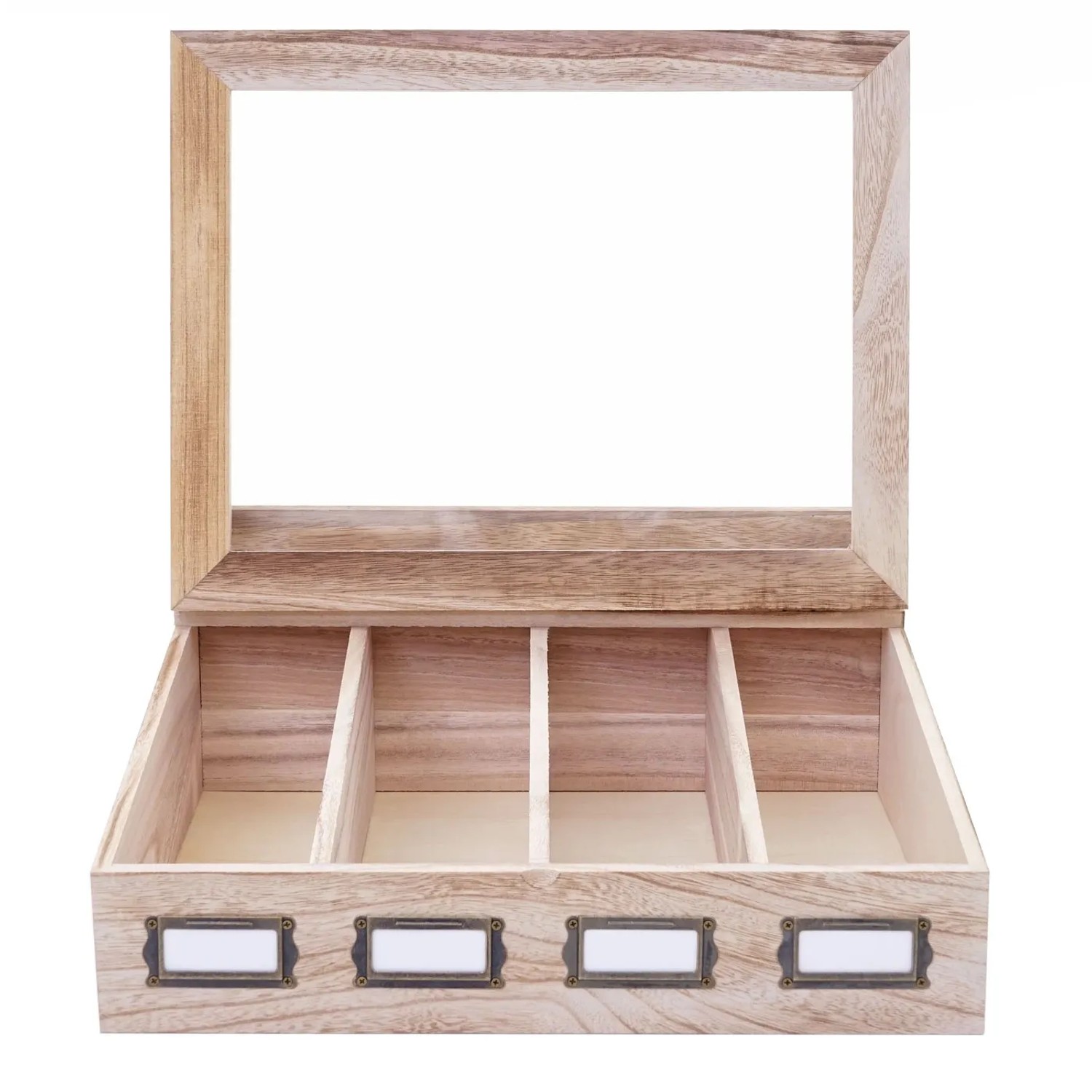 Offene, naturbraune MCW Aufbewahrungsbox C25 aus Holz mit 4 Fächern und Etikettenhaltern.