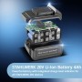 Explodierte Ansicht des STAHLWERK 20V Li-Ion Akkus 4Ah für Schlagschrauber, mit Elektronik und Ladeanzeige.