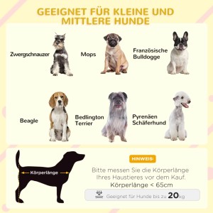 Größenratgeber für Hundehütte: Beispiele kleiner/mittlerer Hunderassen, Messanleitung, geeignet bis 20kg, Körperlänge < 65cm.