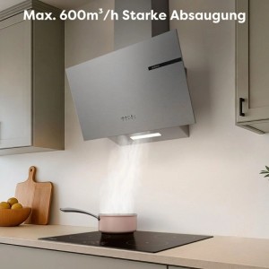 Moderne CIARRA Kopffreihaube 60 cm in Silber, saugt Kochdampf ab. Mit LED-Beleuchtung, A+ Energieeffizienz.
