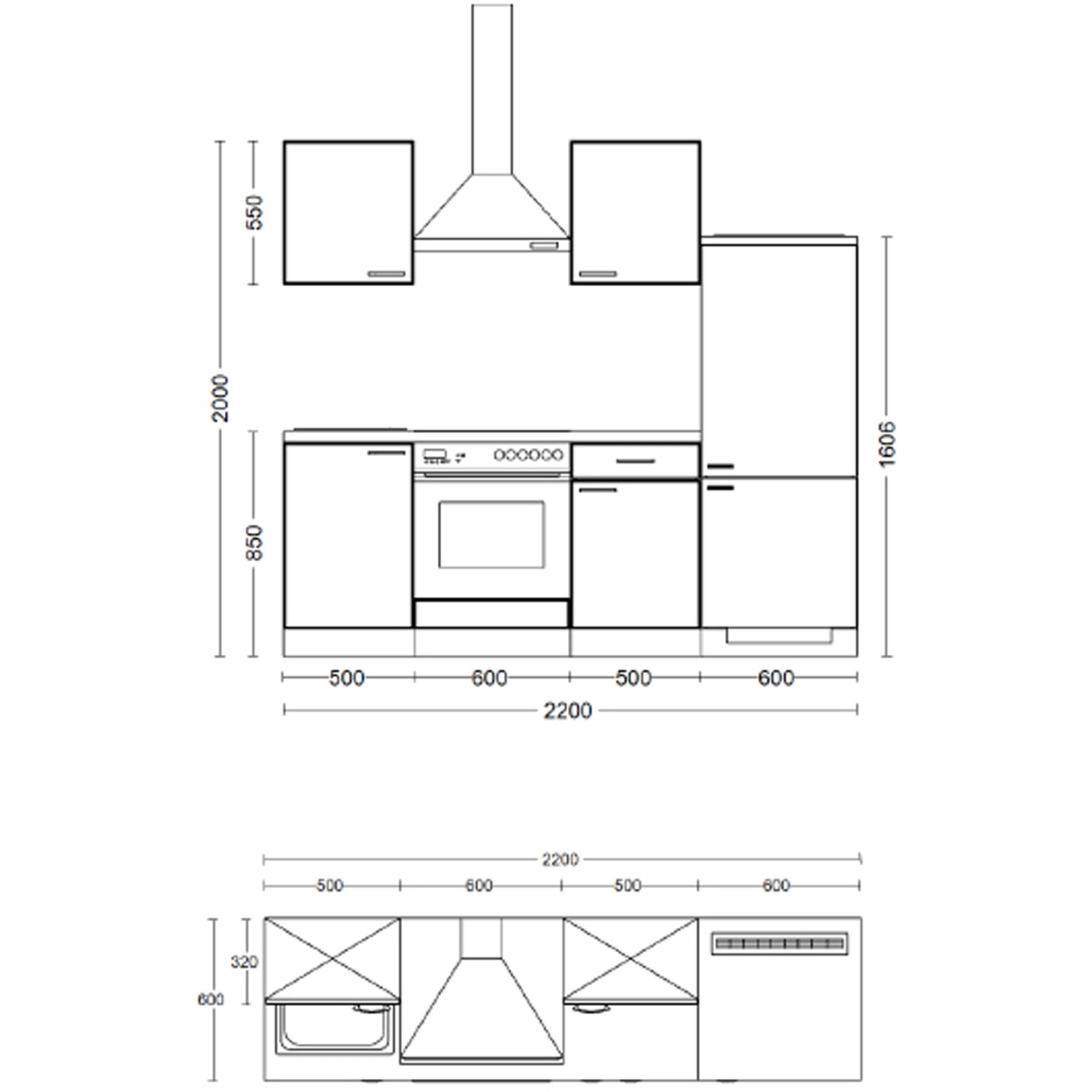 Skizze der Flex-Well Exclusiv Küche Cara, 220 cm, Schilfgrün/Artisan Eiche, mit Maßen. Ideal für die Küchenplanung.