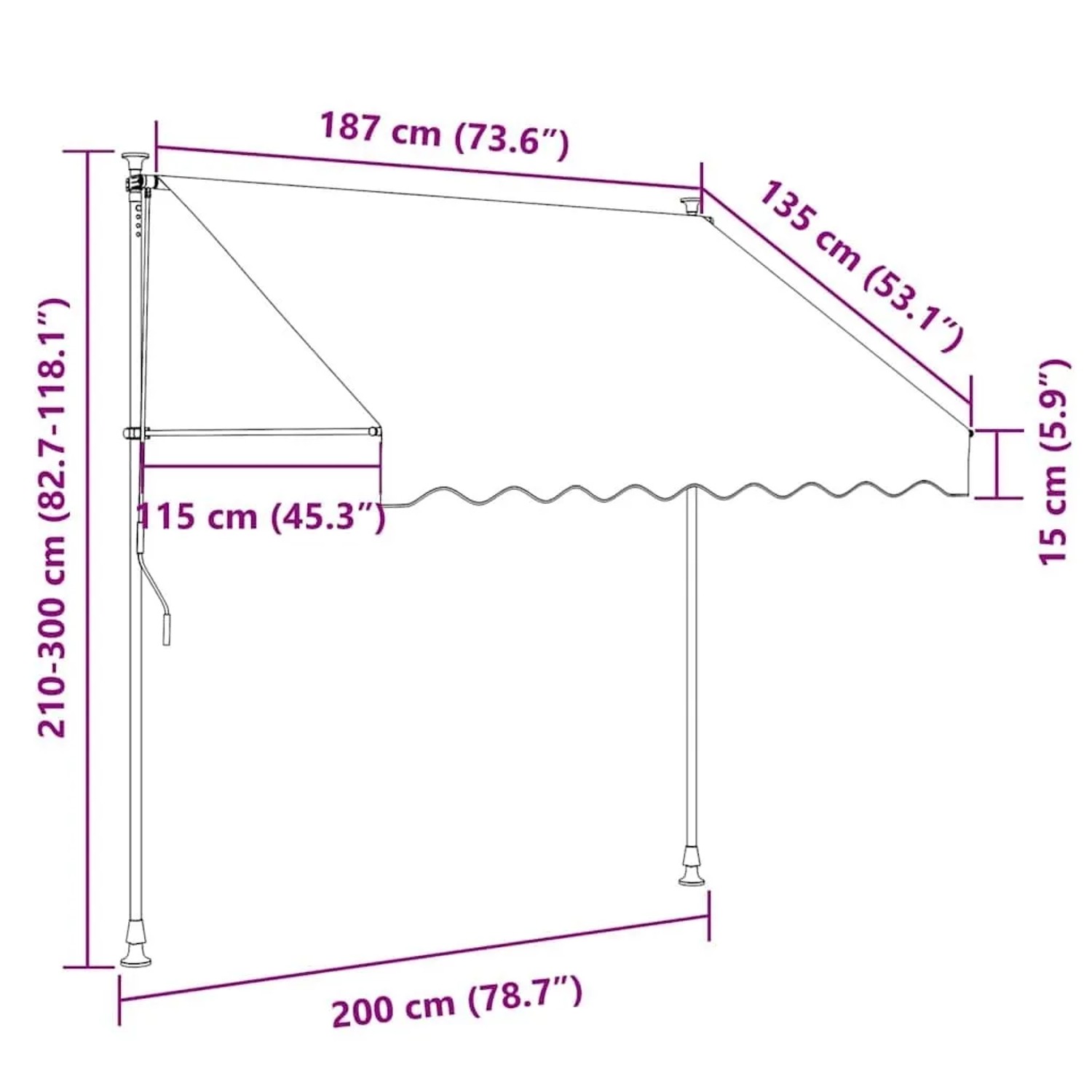 Maßzeichnung der vidaXL Einziehbaren Markise Creme: 200 cm Breite, 210-300 cm Höhe, 187 cm Ausfall.