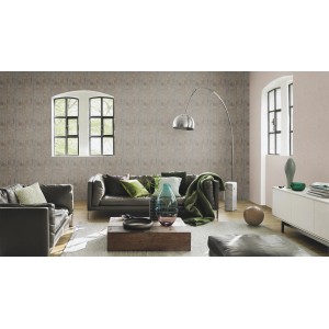 Wohnzimmer mit grauer Rasch Vliestapete Factory IV 428216 im Fliesendesign.