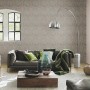Wohnzimmer mit grauer Rasch Vliestapete Factory IV 428216 im Fliesendesign.