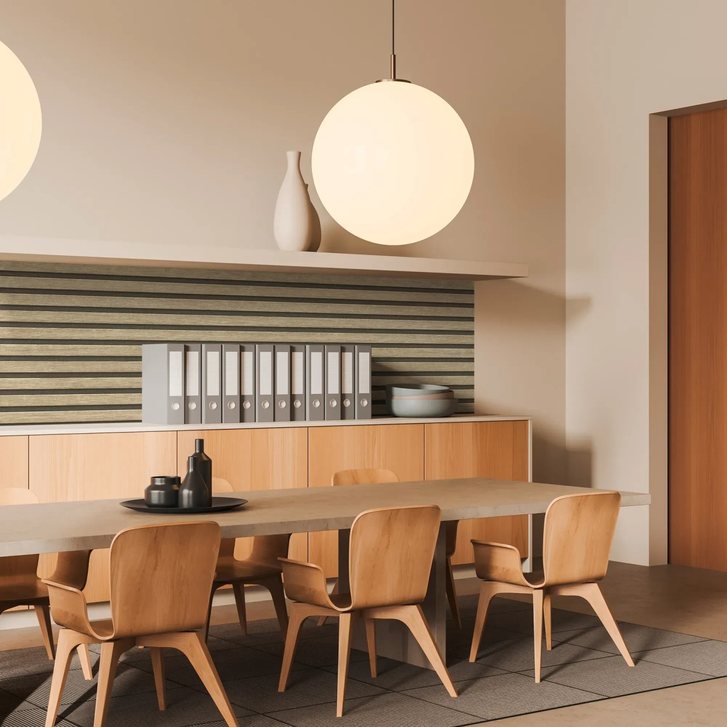 AS-Creation 3D-Panel Pop up Tapete in Beige-Braun mit Holzpaneel-Optik im modernen Esszimmer.