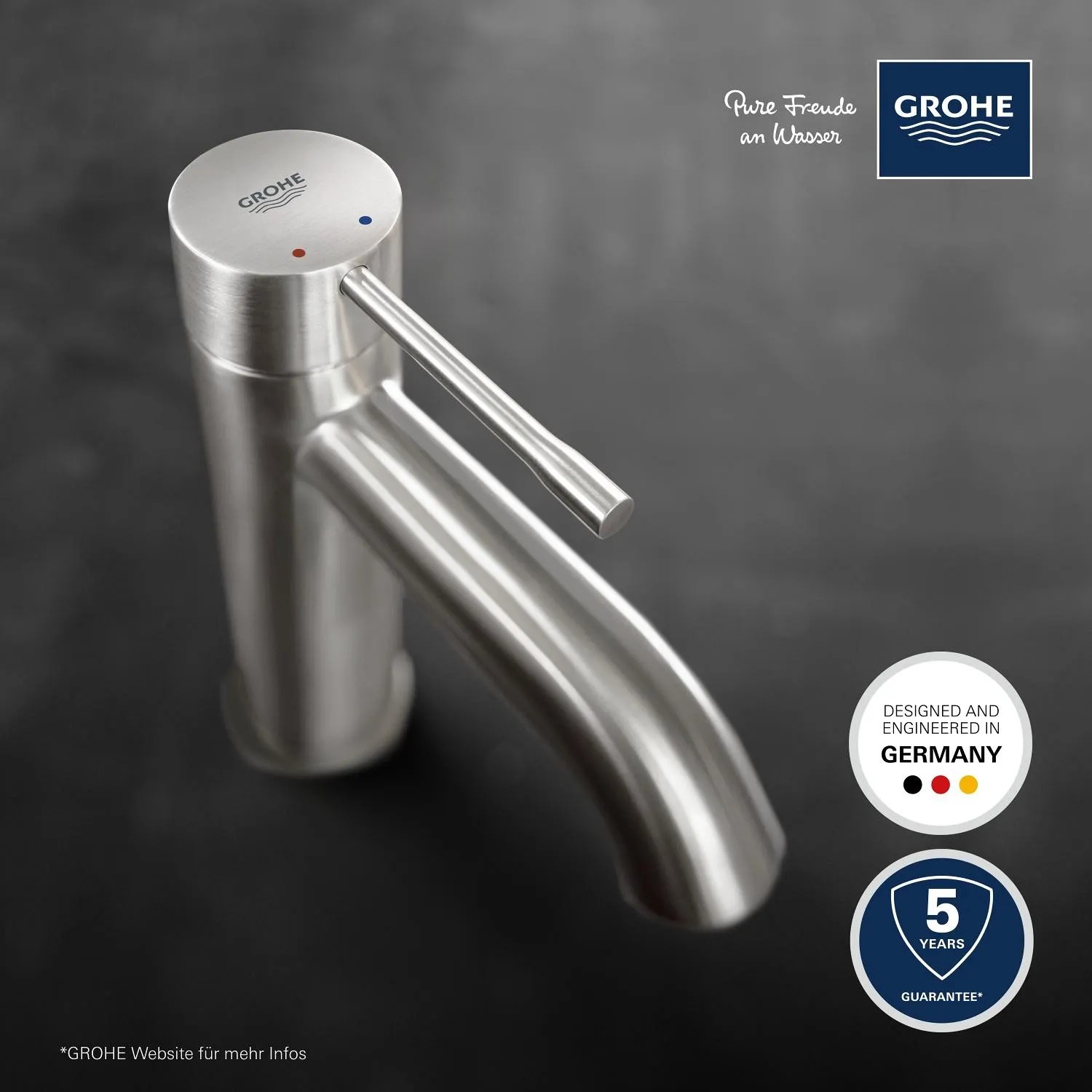 Grohe Essence Waschtischarmatur S-Size in Supersteel: Einhebelmischer für Waschbecken mit modernem Design.