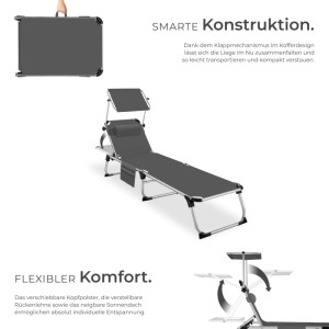Klappbare, graue Tectake Sonnenliege aus Aluminium mit Kopfkissen und Sonnendach.