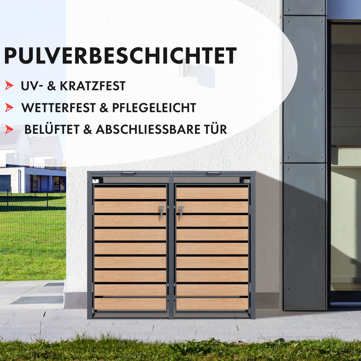 KARAT Mülltonnenbox Johan mit Edelstahlrahmen und Holzdekor, 2-türig.