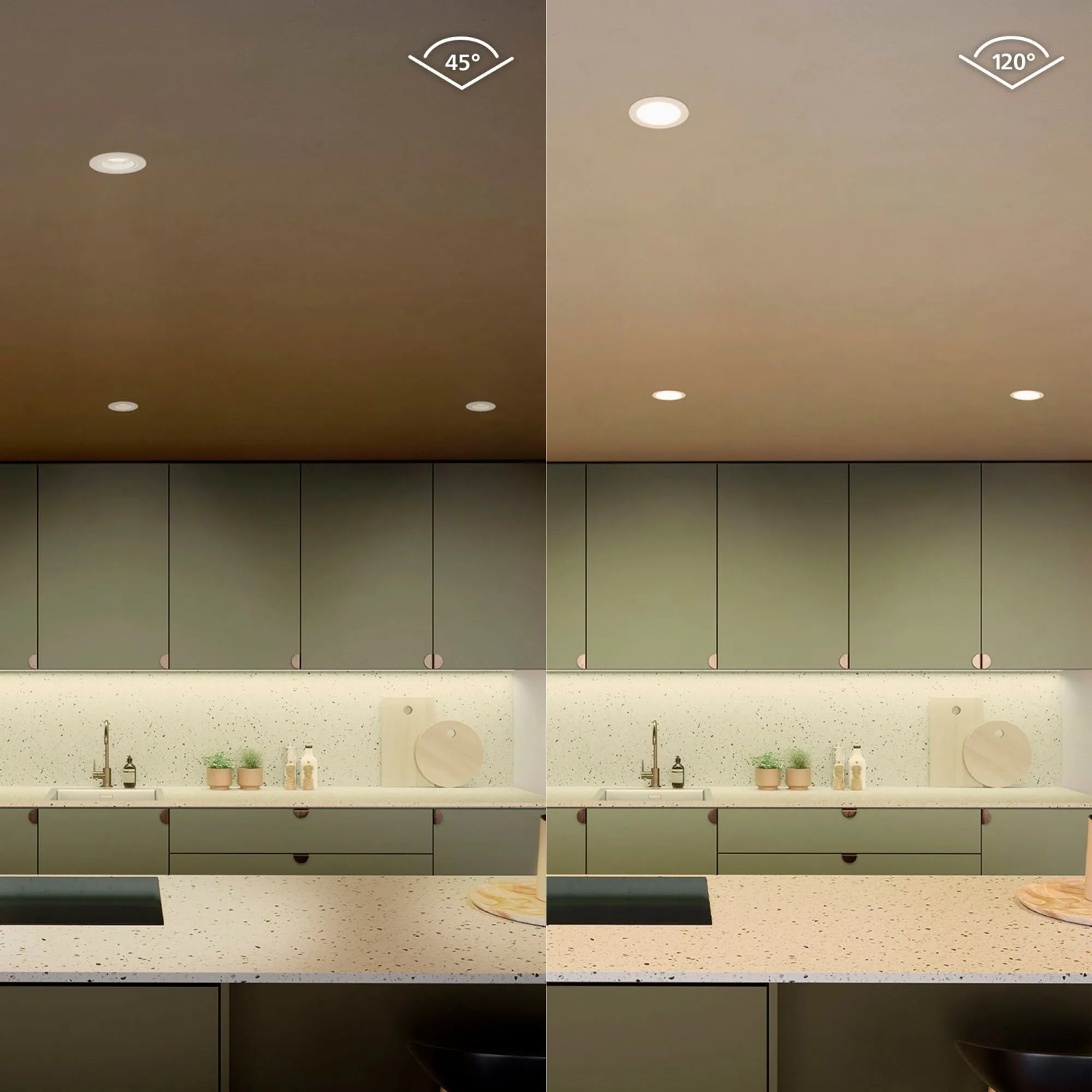 Philips Hue Einbauspot Slim, Weiß, mit Farbtemperatur- und Abstrahlwinkel-Vergleich in Küche.
