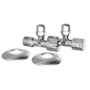 2er-Set Kirchhoff Eckventile, 21 mm x 16,7 mm, Chrom, mit Rosetten für Sanitärinstallation.