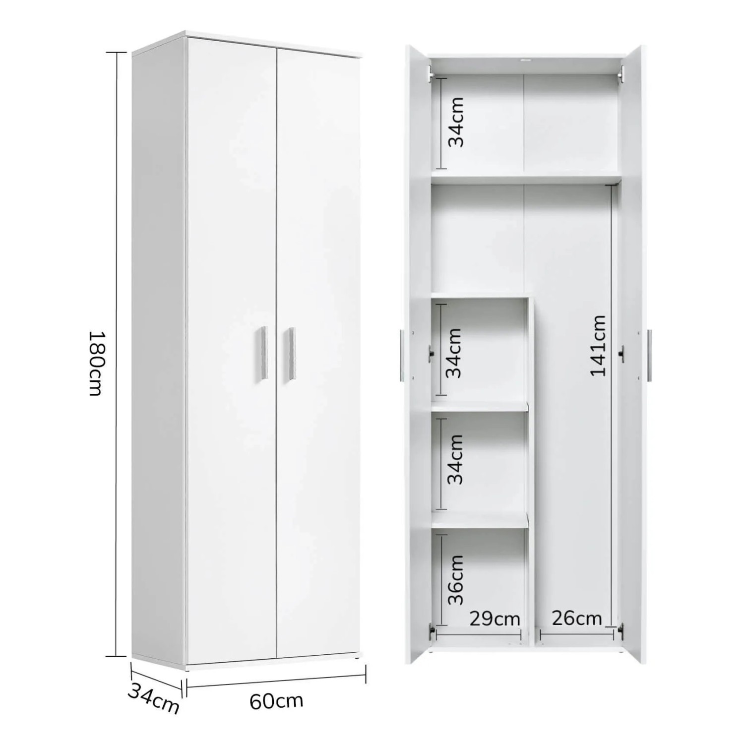Weißer mokebo Besenschrank/Putzschrank, optional mit Fächern oder Kleiderstange, für Büro oder Haushalt.