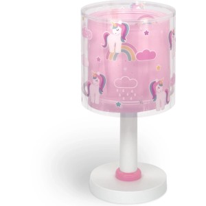 Rosa Dalber LED Tischlampe für Kinder mit Einhorn-Muster, transparentem Schirm und weißem Fuß. Ideal als Nachtlicht.