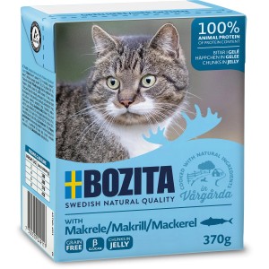 Bozita Katzen-Nassfutter Makrele im Gelee, 370g Packung mit Katzenbild.