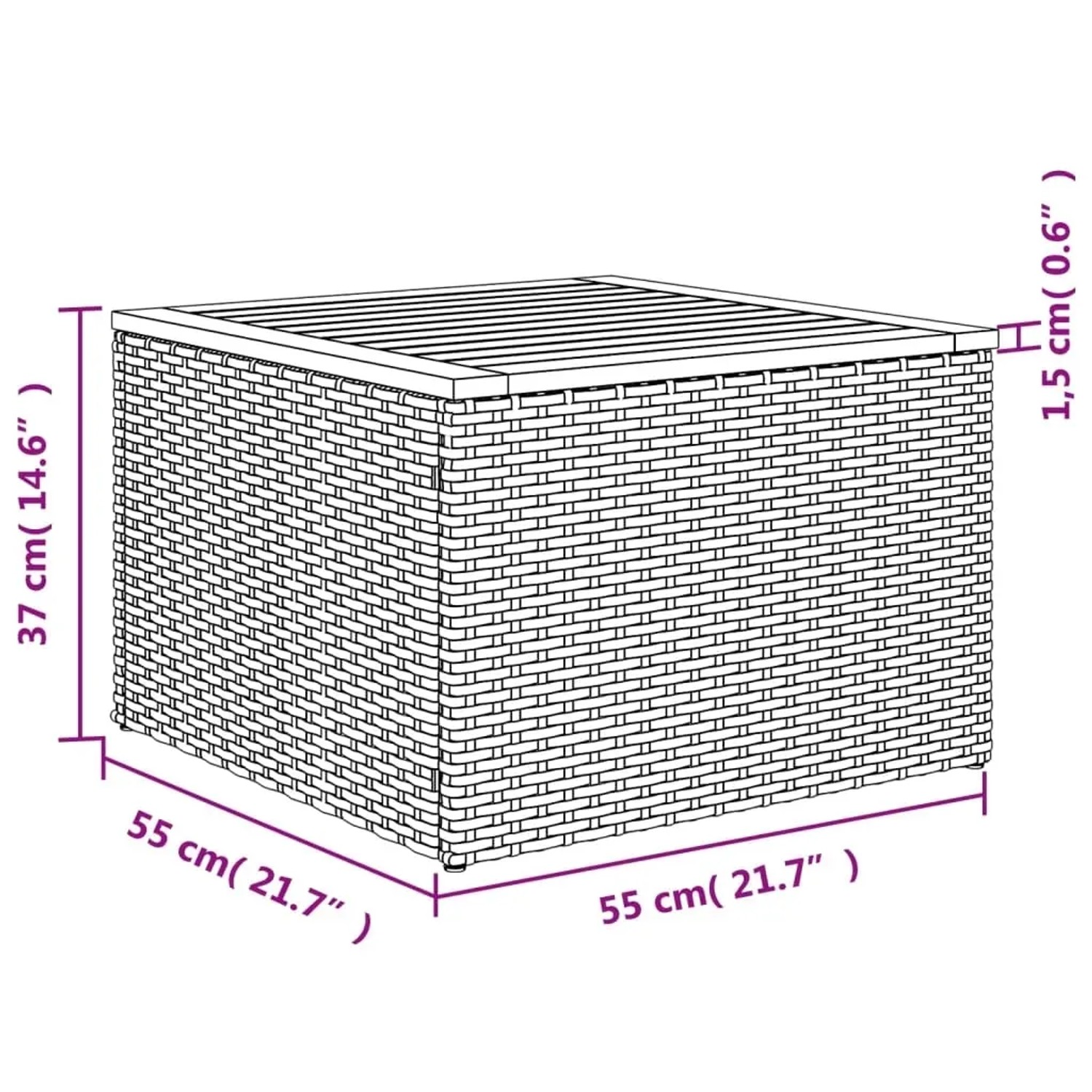 Skizze eines grauen Gartenmöbel-Tisches aus Polyrattan mit Maßangaben (55x55x37cm) der vidaXL Sofagarnitur.