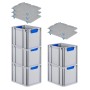 PROREGAL Spar Set: 5 graue Euroboxen mit blauen Griffen und Auflagedeckel, gestapelt.
