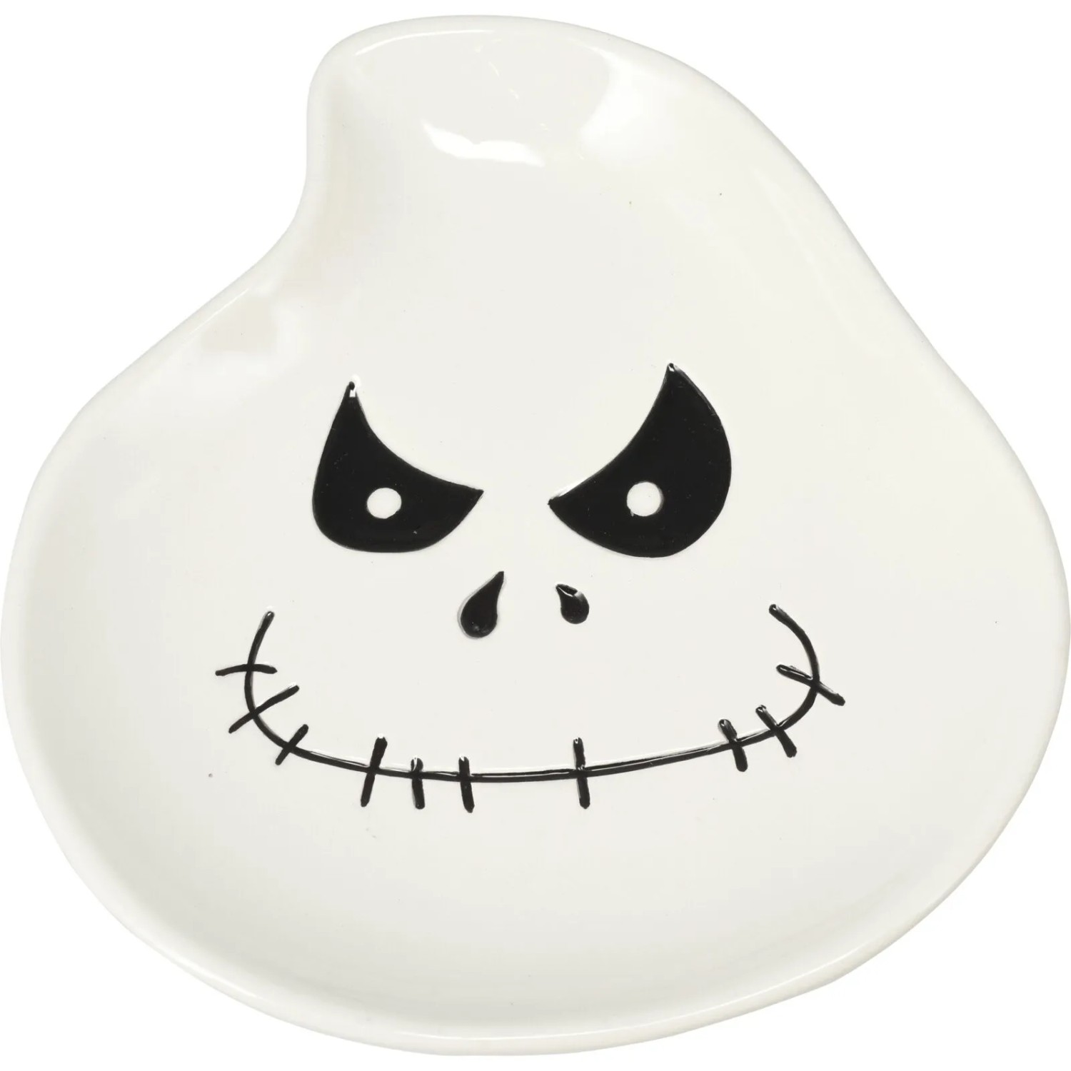 Weißer Halloween Teller in Geisterform aus Dolomit mit schwarzem Geistergesicht.