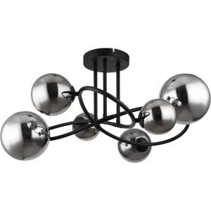 Moderne, 6-flammige LED-Pendelleuchte Riha in Schwarz Matt mit rauchfarbenen Glaskugeln.