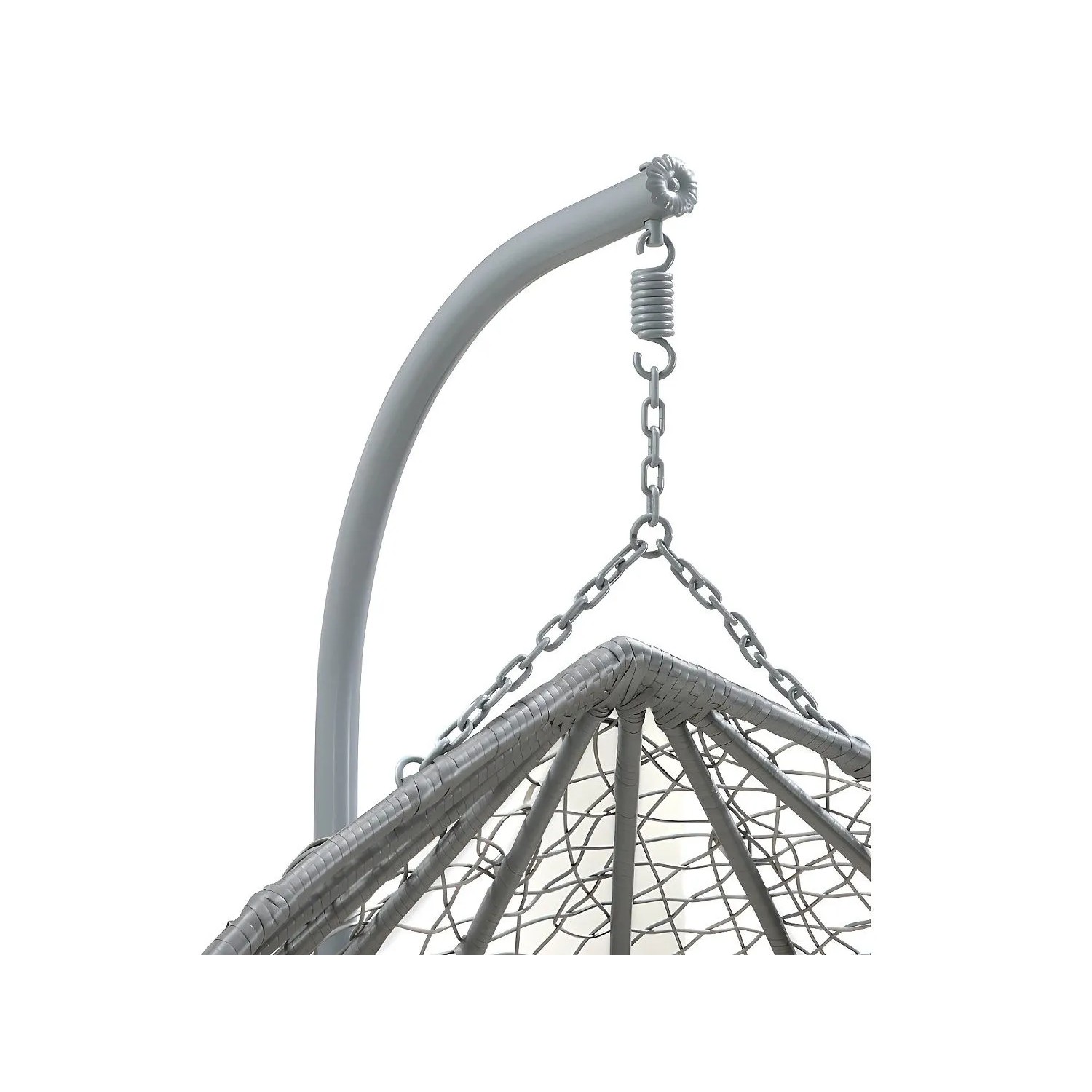 Grauer Polyrattan Hängesessel Cayambe: Aufhängung mit Metallgestell, Kette und Feder.