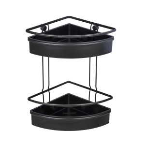 Schwarzes WENKO Eckregal Molinella mit 2 Etagen zur Aufbewahrung von Badutensilien.