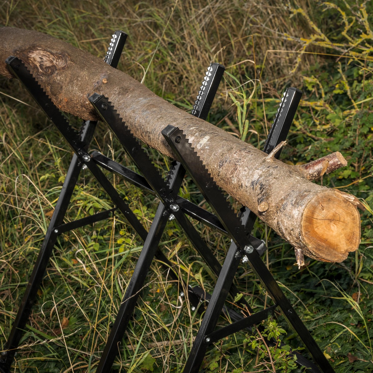 Texas El-Tex1800 Elektro Motorhacke: Holzstamm auf schwarzem Sägebock im Garten.
