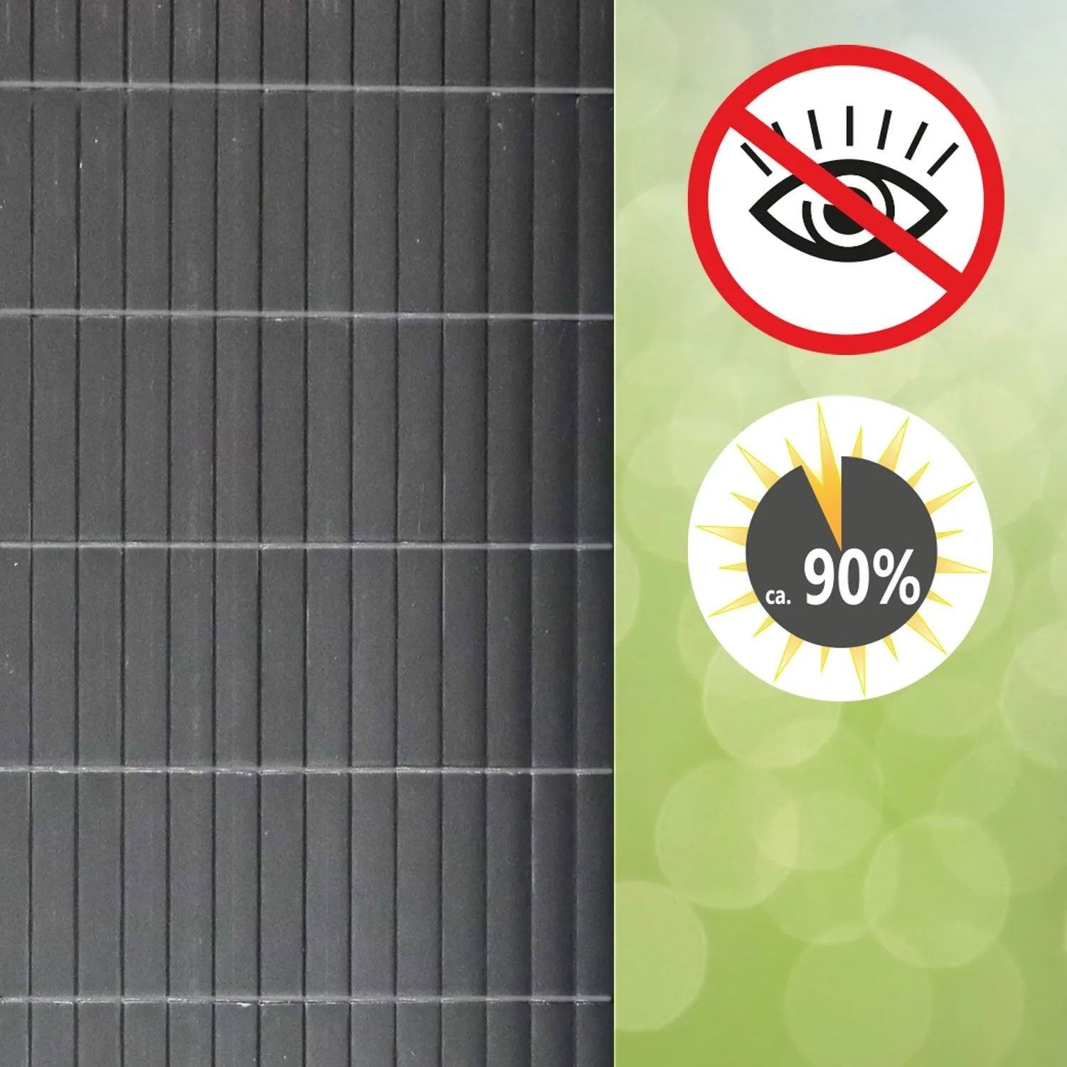 Grauer PVC Sichtschutz für Balkon & Garten mit blickdichten Stäben. Zeigt Icons für Privatsphäre & ca. 90% UV-Schutz.