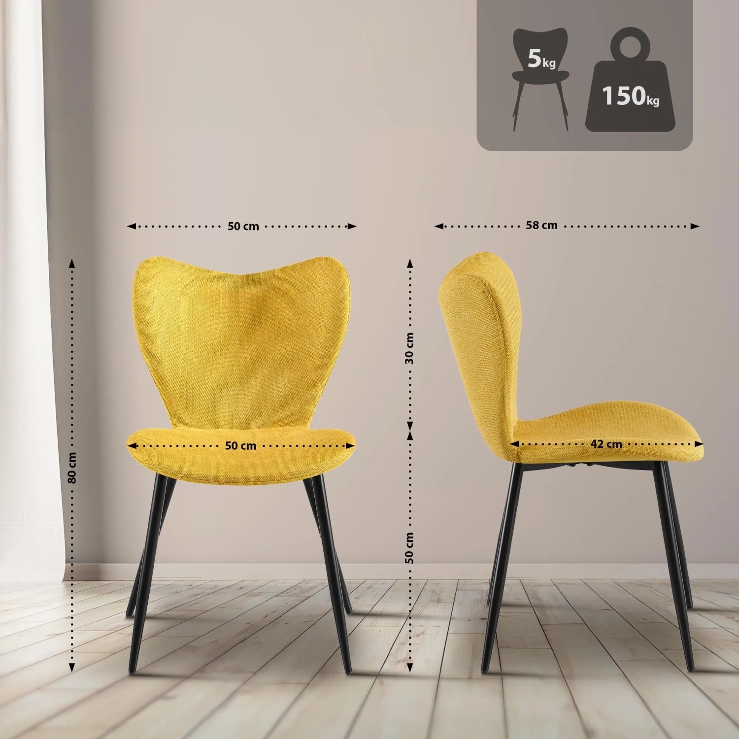 DELUKE Esszimmerstuhl COLON Stoff Gelb 50x58x80cm Essstühle Esszimmerstühle Küchenstühle Wohnzimmerstühle