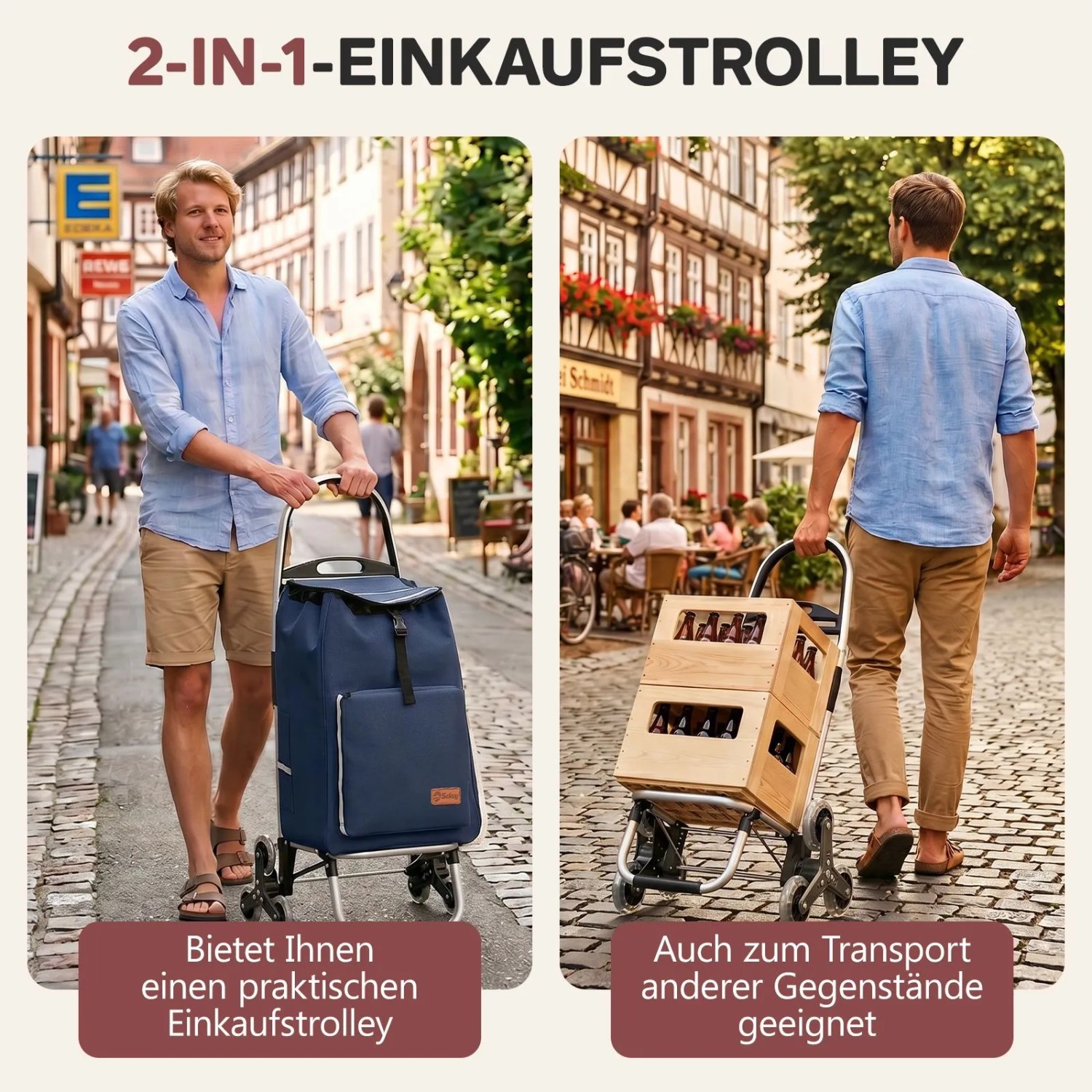 Sekey Einkaufstrolley, blau, klappbar mit Kühlfach und Treppensteiger-Funktion.