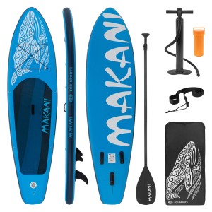 Blaues ECD Germany Stand Up Paddle Board Makani 320 mit Zubehör Set für Wassersport.