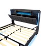 Graues Polsterbett 160x200 mit LED, USB und Stauraum im Kopfteil (ohne Matratze).