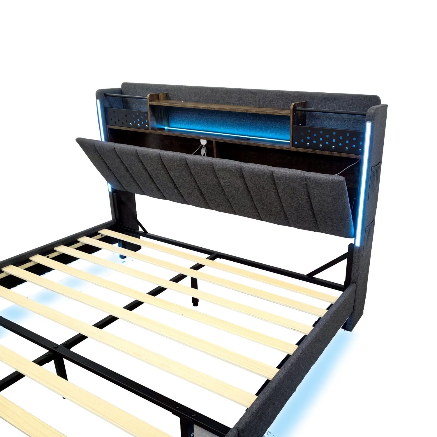 Graues Polsterbett 160x200 mit LED, USB und Stauraum im Kopfteil (ohne Matratze).