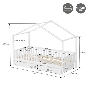 Weißes ML-Design Hausbett (90x200 cm) aus Kiefernholz mit 2 Schubladen und Maßangaben.