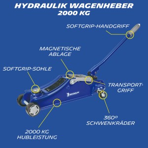 Blauer Michelin Hydraulik-Wagenheber mit 2000 kg Hubkraft und Schwenkrädern.