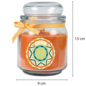 HS Candle Duftkerze Jungfrau im Glas mit Honigmelonen Duft und gelber Schleife.
