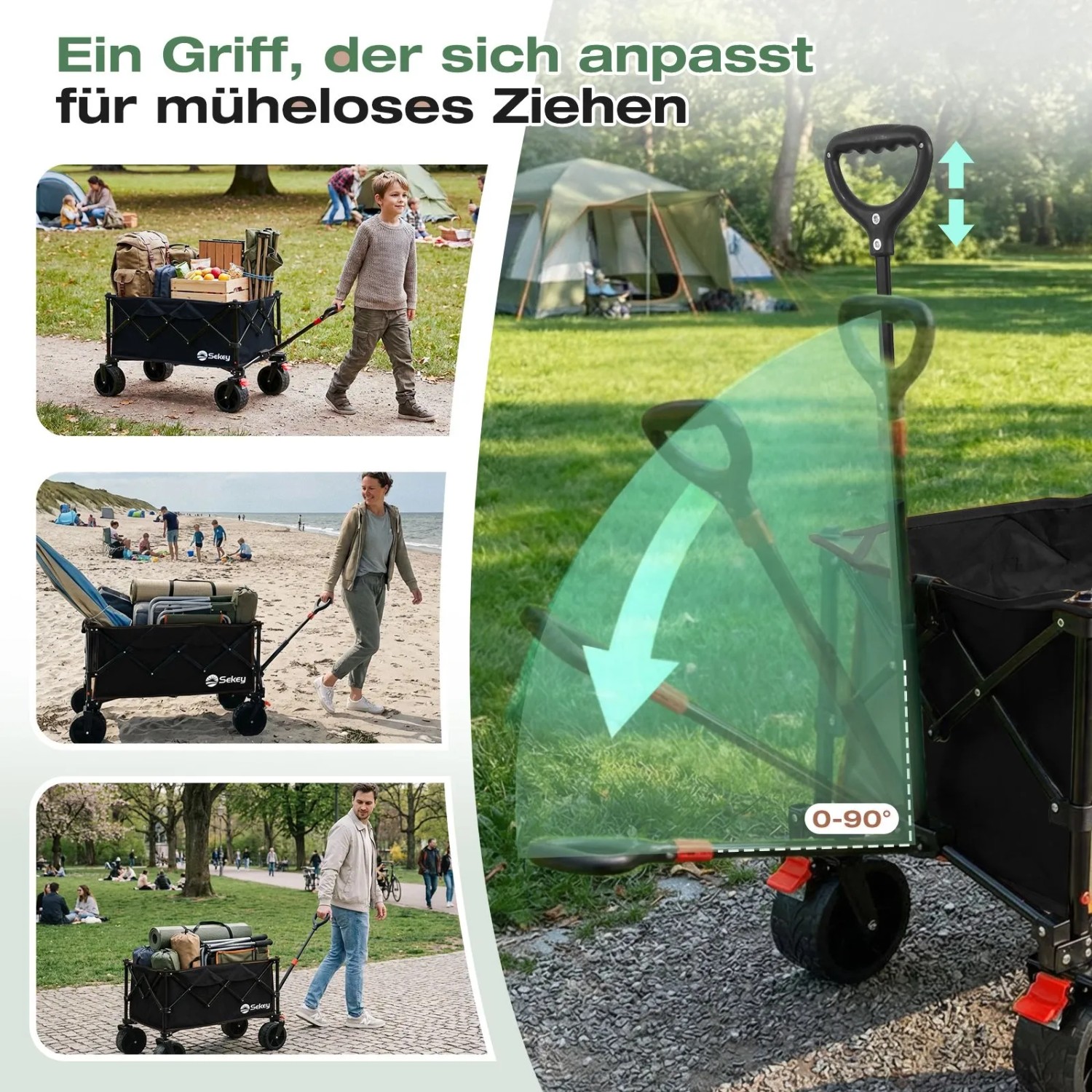 Sekey Campingwagen, faltbarer Bollerwagen mit breiten Reifen, 150 kg, 135 L, schwarz, mit verstellbarem Griff und verschiedenen Nutzungsszenarien.