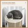 Katze schläft auf PawHut Kratztonne mit 3 Ebenen und Sisal-Kratzmatte.