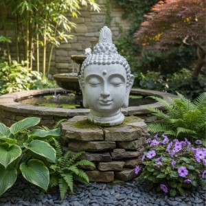 Relaxdays Buddha Kopf XXL Polyresin Beigegrau Wetterfest 78 cm x 45 cm x 39 cm